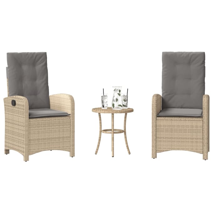 vidaXL - 3-delige - Bistroset - met - kussens - poly - rattan - gemengd - beige