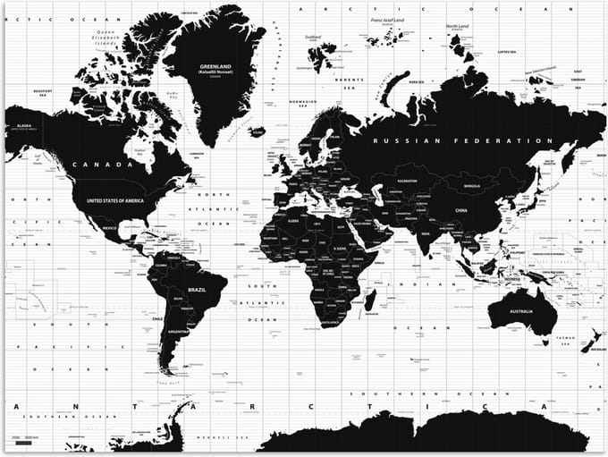 Poster - Wereldkaart - Zwart - Wit - Atlas - Aarde - Educatief - 40x30 cm