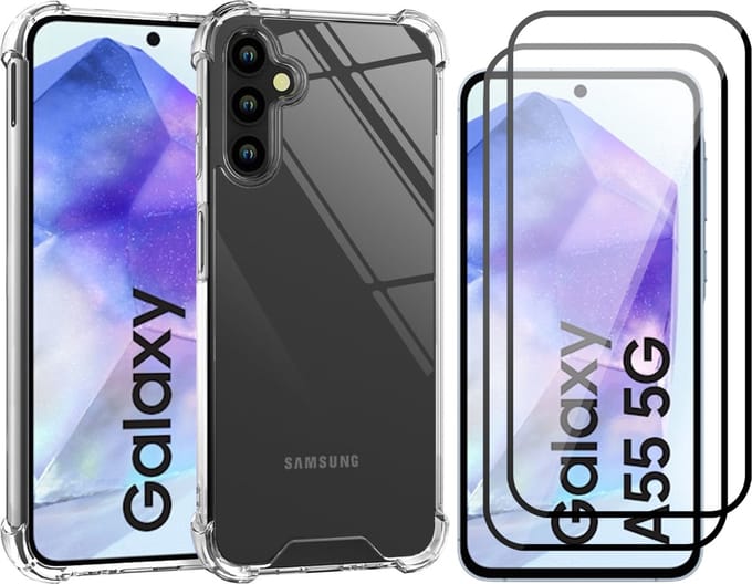 Hoesje geschikt voor Samsung Galaxy A55 - 2x Screenprotector Volledig Dekkend Glas - Shockproof Transparant