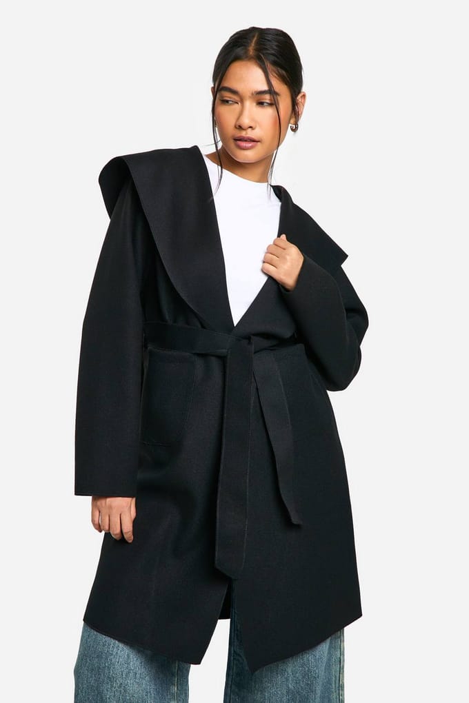 boohoo Dames Hooded Wool Look Coat | Zwart | Maat: 42