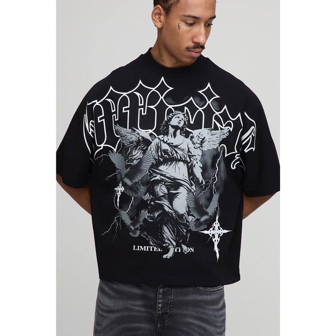 Zwarte oversized boxy heavyweight T-shirt met engelprint | Black | Size Medium