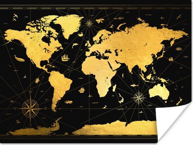 Poster - Wereldkaart - Luxe - Goud - 40x30 cm