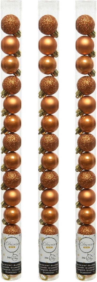 Decoris Mini kerstballen - 42x st - cognac bruin - D3 cm - kunststof - kerstversiering