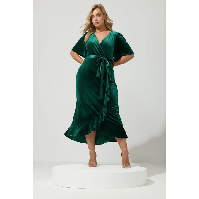 Yours London Groene Fluwelen Wikkeljurk Size 48