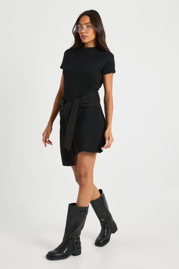 boohoo Dames Lang Hoge Hals Korte Mouw Gebreide Mini-Jurk | Black | Maat: Small