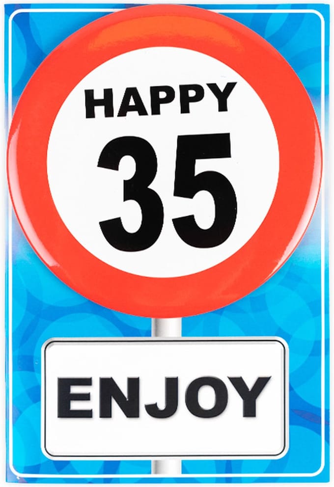 Verjaardagkaart met button | Verkeersbord | Happy 35