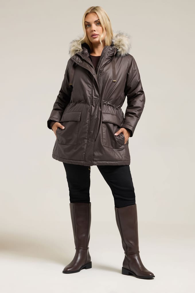 Yours Bruine Gewaxte Parka Met Imitatiebontafwerking Size 48