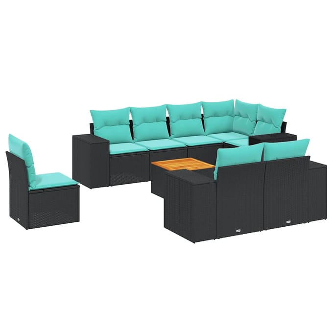 vidaXL - 9-delige - tuinbankset - met - kussens - van - zwart - polyrotan