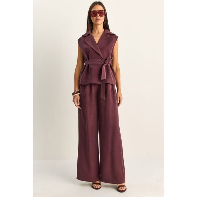 Hoge Taille Wijde Pijpen Co-ord Set met Sjaalkraag