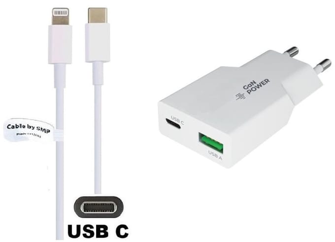 OneOne 36W snellader met 2 poorten + 1,2m OneOne USB C naar Lightning kabel. PD PPS lader. GAN oplader adapter past op Apple iPhone 13 Mini, iPhone 13 Pro, iPhone 13 Pro Max, iPhone 14, iPhone 14 Plus, 14 Pro, iPhone 14 Pro Max