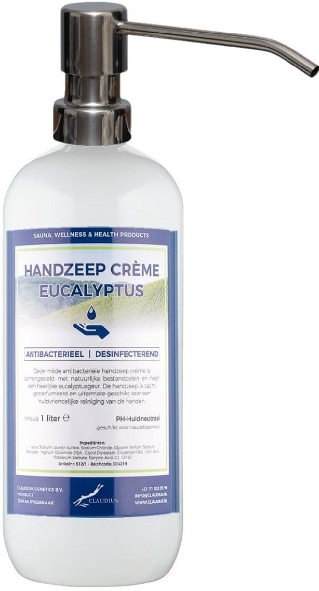 Handzeep Crème Eucalyptus 1 liter - met gratis RVS zilverkleurige pomp