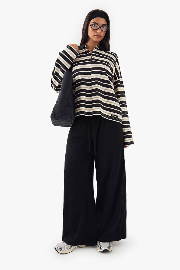 Dames DSGN Studio Gestreepte Oversized Top met Kraag | Zwart | Maat: Small