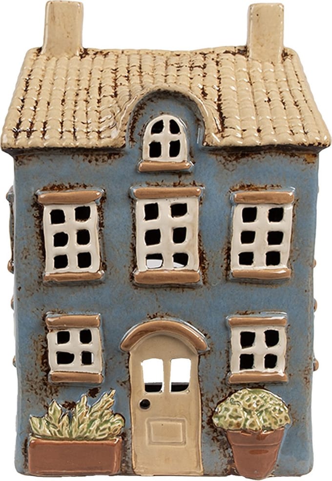 Clayre & Eef Waxinelichthouder Huis 16x10x23 cm Blauw Beige Keramiek