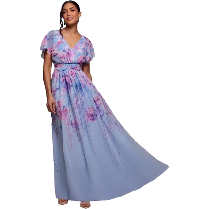 Lange Gedrukt Chiffon Satijn Jurk met Vlindermouwen Dames Goddiva