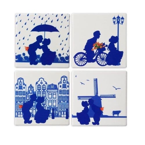 Heinen Delfts Blauw - Onderzetters 'Kussend paar' (Set van 4)