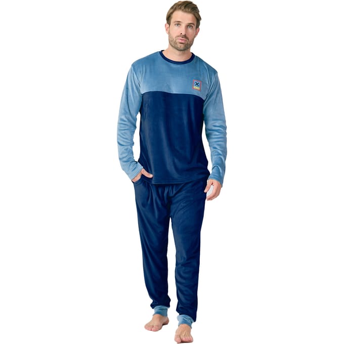 MU3 Herren-Pyjama aus Samt mit Rundhalsausschnitt und langen Ärmeln