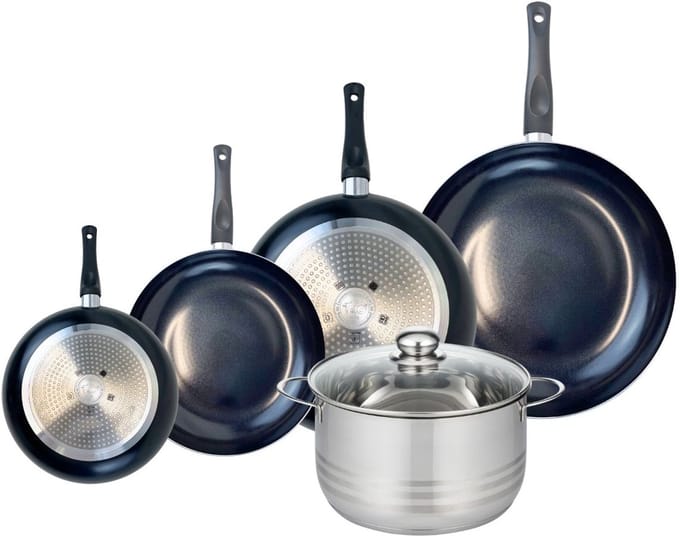Set van 4 Koekenpannen 20, 24, 28 en 32 cm en 1 braadpan 24 cm Elo Prima Brillant