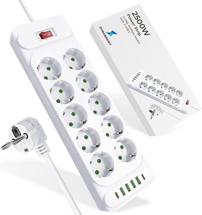 Multifunctionele Stekkerdoos met 8 AC, 4 USB & 1 USB-C – 2500W – Snelladen – 2m Kabel – Thuis, Kantoor & Reis