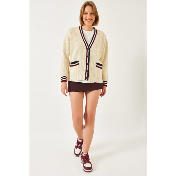 Gepatternde V-hals Ribgebreide Cardigan met Zakken