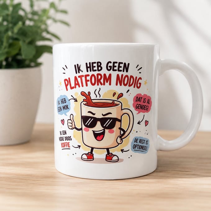Ik Heb Geen Platform Nodig – Grappige Koffiemok met Tekst