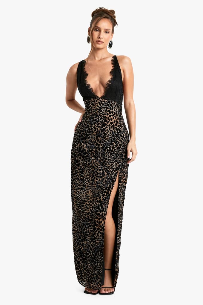 boohoo Dames Leopard Devore Maxi-jurk met kanten bies | Brown | Maat: 14