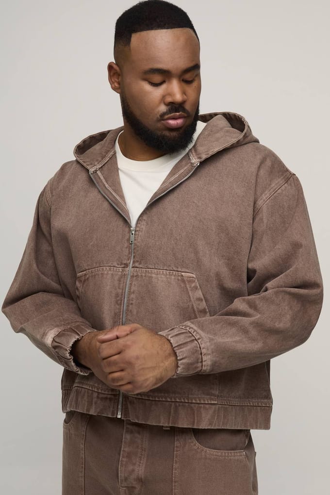 Plus Getint Gewassen Denim Oversized Hoodie Met Rits | Brown | Size 3XL