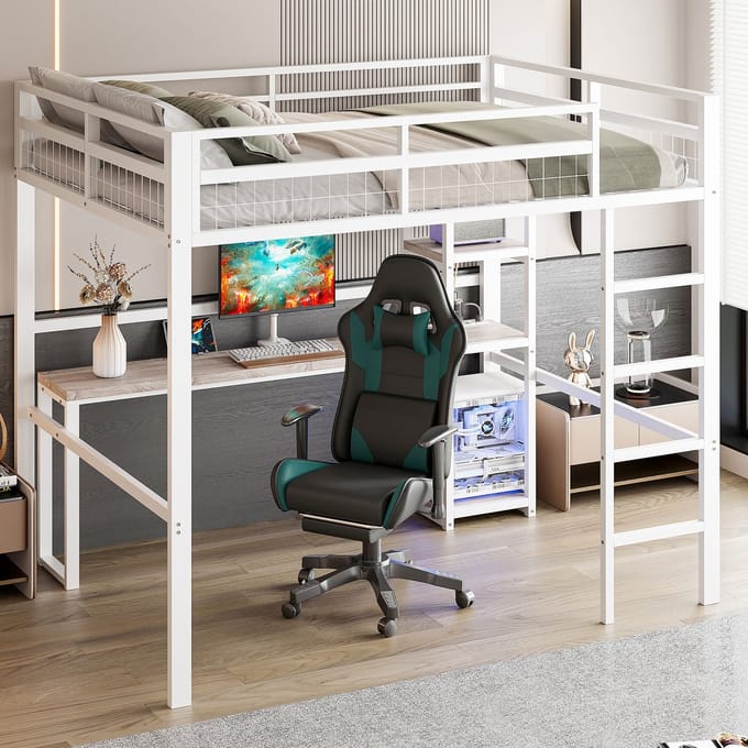 REDOM Hoogslaper 140x200 cm van metaal/MDF – Met bureau, opbergplanken, USB/Type-C en stopcontact – Wit