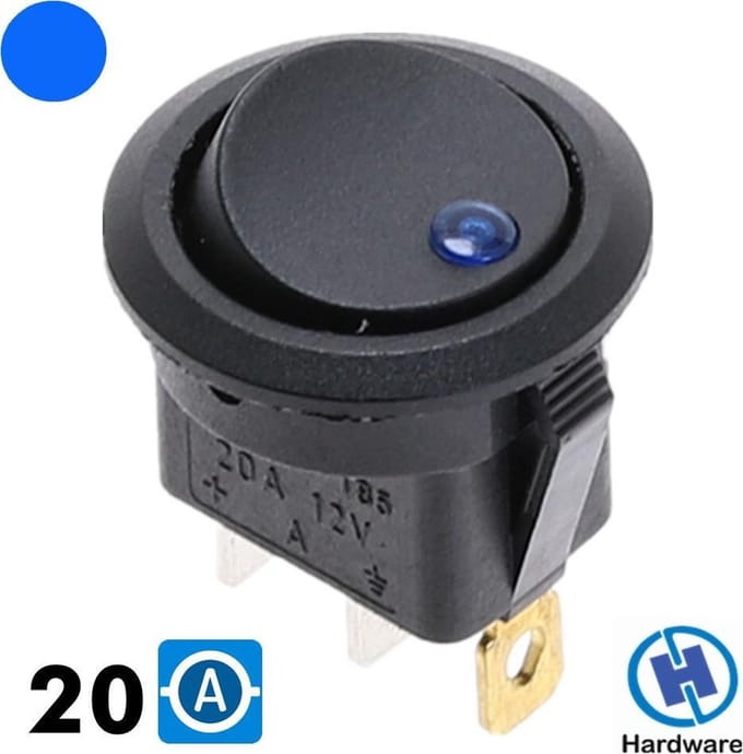 Tuimel Wipschakelaar 12V Rond - 20A - BLAUW LED indicator - Inbouw - Inbouwschakelaar - Scooter - Auto - Boot - Camper - Schakelaar Tuimelschakelaar - Blue - per stuk