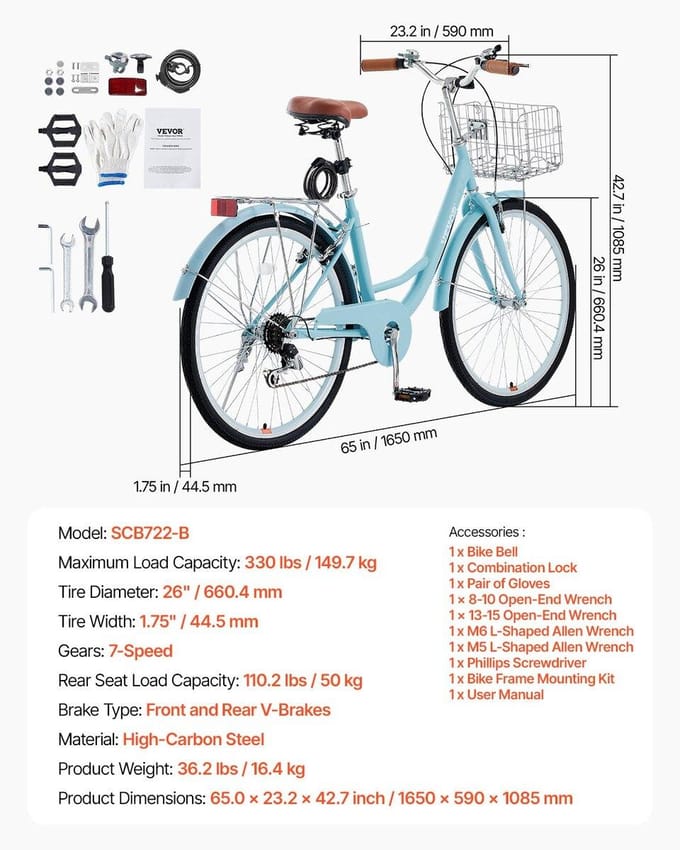 26-Inch Cruiser Fiets 7-Versnellingen Lichtblauw Strand Cruiser Fiets met Mand