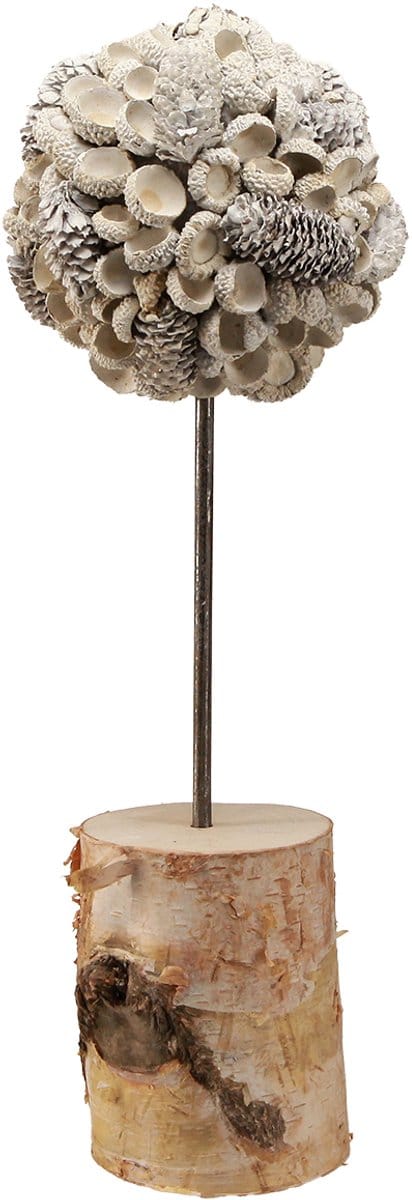 Houten decoratieboom winterdecoratie berk eikels kegels wit H40cm