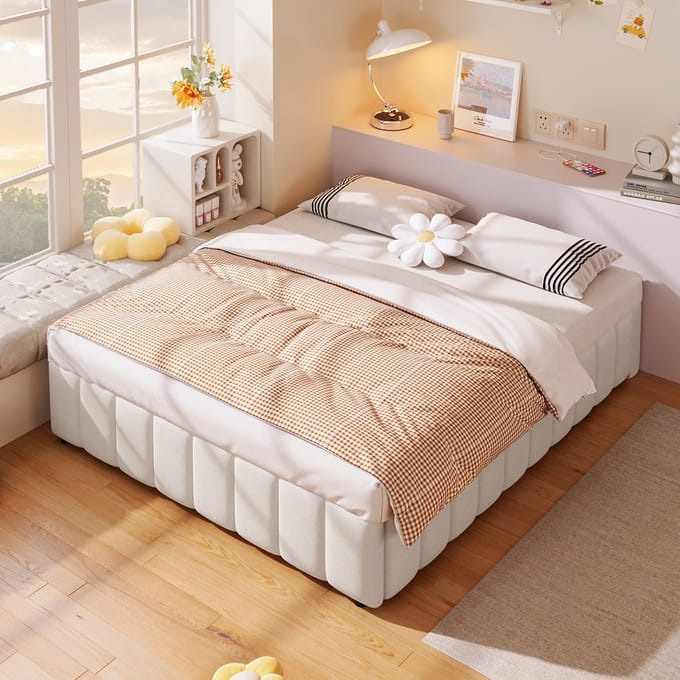 Gestoffeerd bed - 140*200cm - hydraulische opbergruimte - zonder hoofdeinde - zonder matras - beige