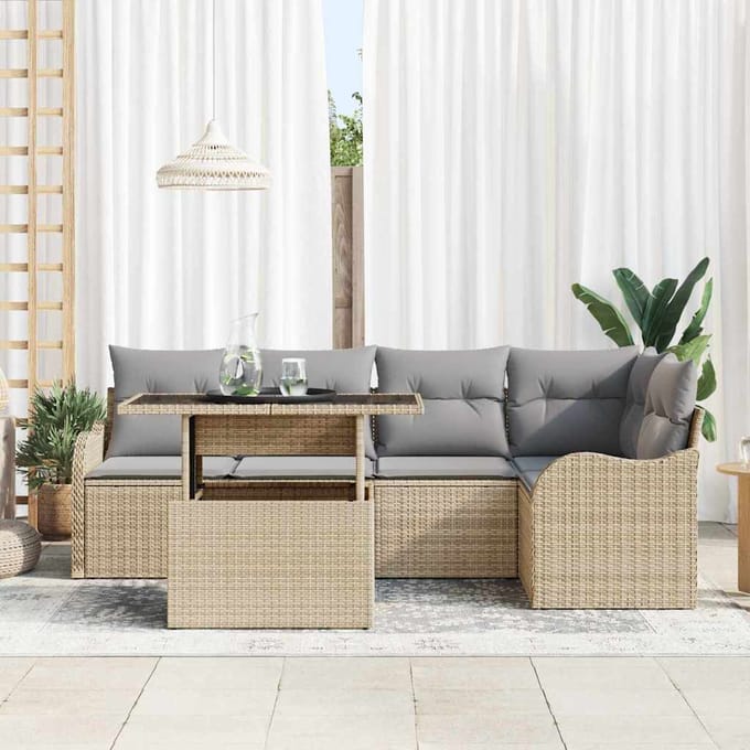 vidaXL Tuinbank Set met kussen met kussen 6 pcs Beige Poly Riet