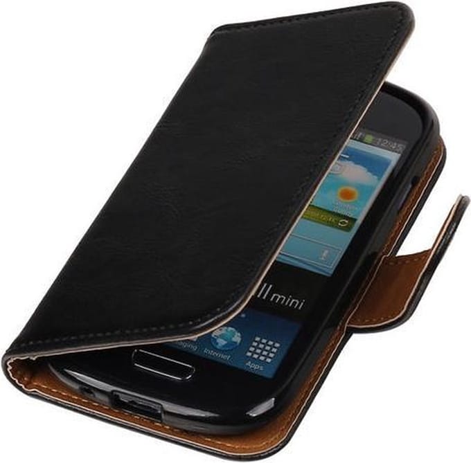 Zwart Pull-Up PU booktype wallet cover hoesje voor Samsung Galaxy S3 Mini