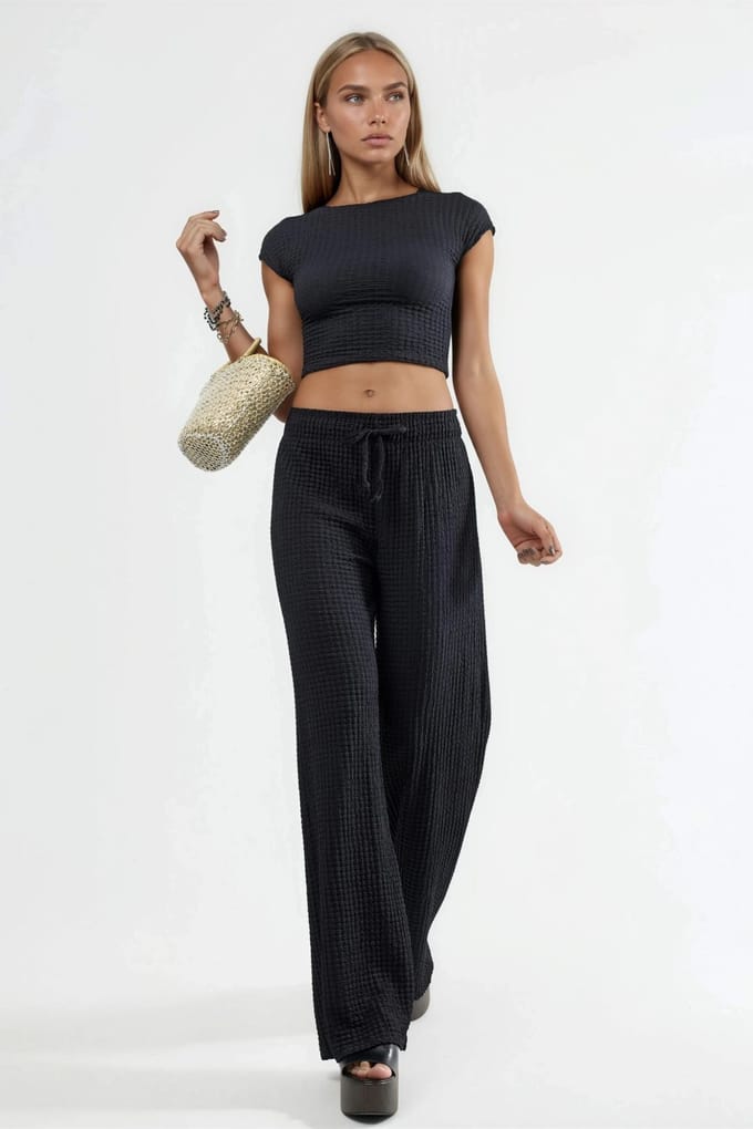 Textuur Wide Leg Broek met Trekkoord Taille