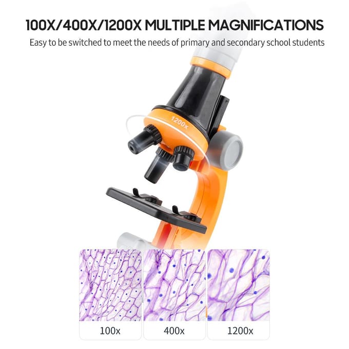 1200X Microscoop Kinderen Optische Microscoop met LED-licht Verzamelflessen 12 stuks Dia's voor oranje