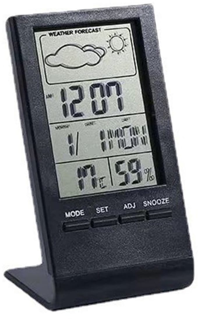 Thermometer, hygrometer, barometer, universele digitale wekker voor binnen en buiten met buitensensor en tijdweergave.