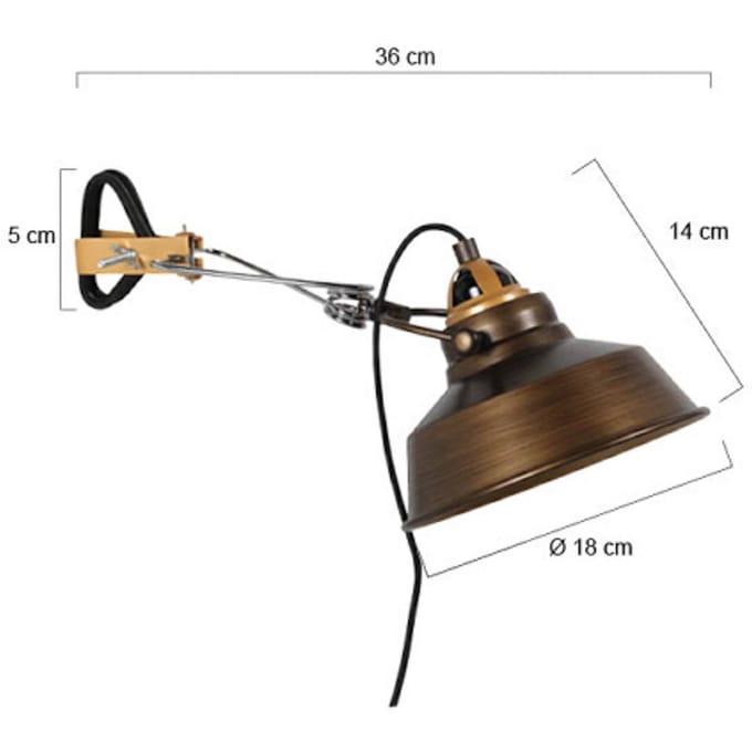 Bronzen wandlamp Nove 1320BR met E27 fitting, 190 cm snoer en schakelaar, industrieel design, van merk Mexlite, gemaakt van metaal en kunststof