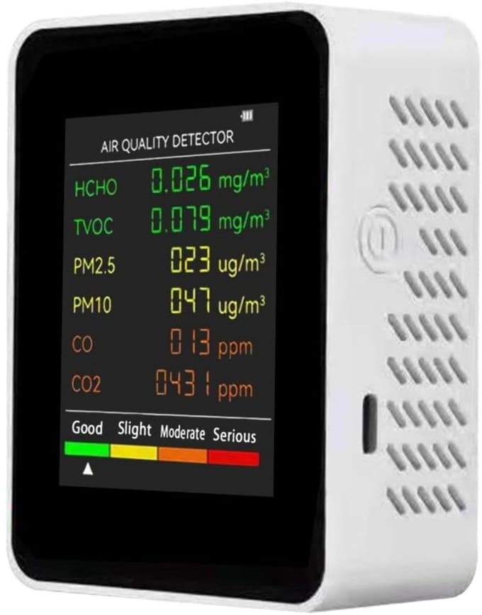 EXCITAT 6-in-1 multifunctionele luchtkwaliteitsdetector - CO2-formaldehydemonitor - Luchtkwaliteitstester - Groot LCD-scherm - Draagbaar - Geschikt voor thuis, kantoor en hotel