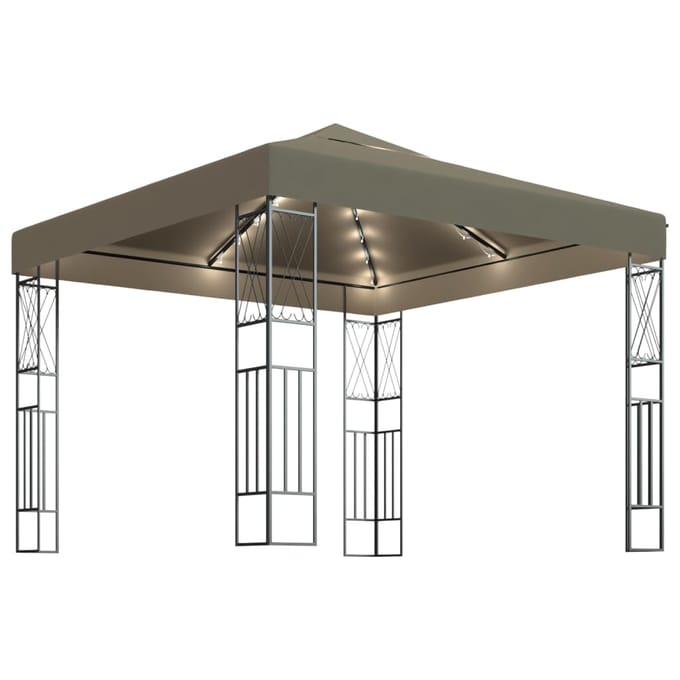 vidaXL - Prieel - met - LED-lichtslinger - 3x3 - m - stof - taupe