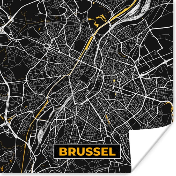 Poster Brussel - Kaart - Plattegrond - Stadskaart - Goud - 75x75 cm