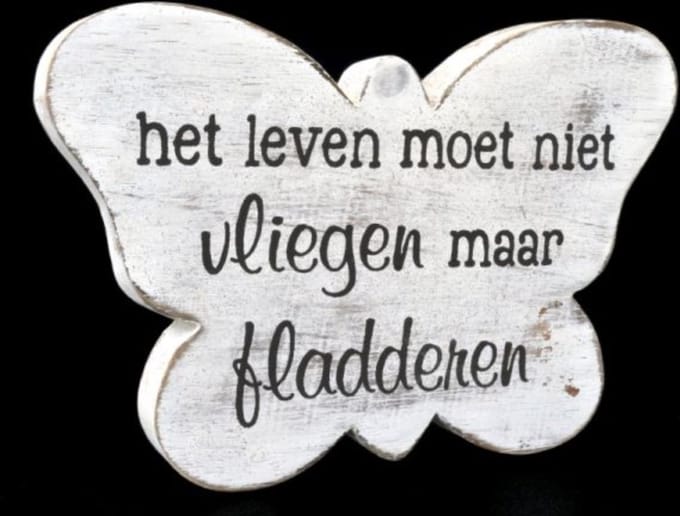 Tekstbord - Hout - Vlinder - Antique white - Het leven moet niet vliegen maar fladderen