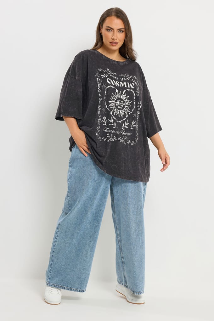 Yours Grijs 'Cosmic' Acid Wash Boxy Tshirt Size 54-56