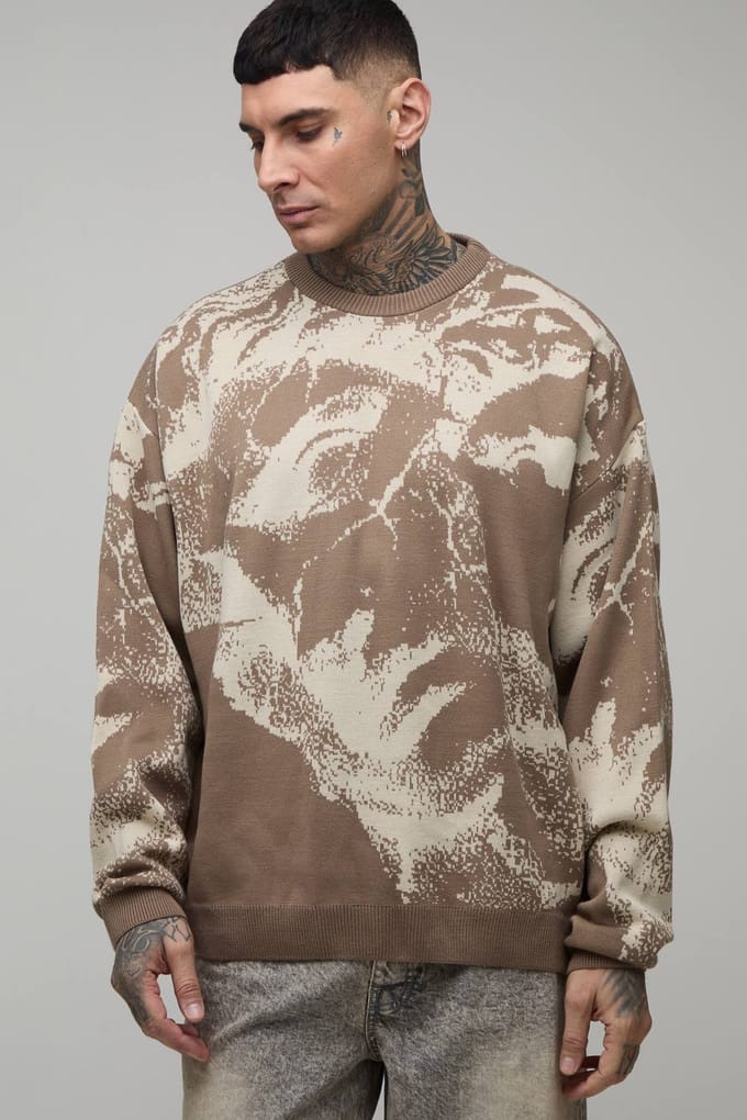 Tall Oversized Renaissance Jacquard Knitted Jumper | Taupe | Size Medium