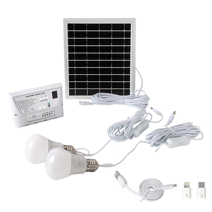 Draagbaar zonne-verlichtingssysteem Waterdicht 5,5W zonnepaneel 1W & 2W LED-lampen 5000mAh-controller White Light wit