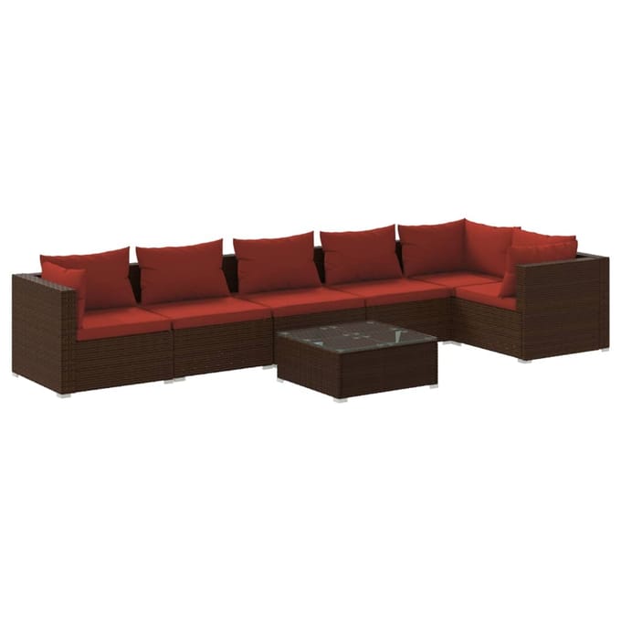 vidaXL - 7-delige - Loungeset - met - kussens - poly - rattan - bruin