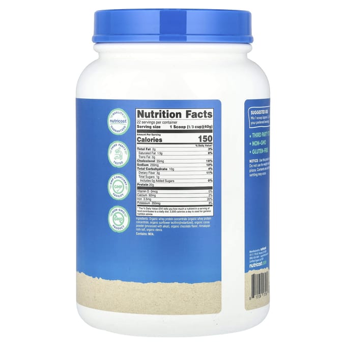 Nutricost, Biologisch, Wei-eiwit, Dubbele Chocolade, 2 pond (907 gram)