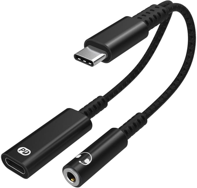 USB-C-adapter voor 3,5 mm hoofdtelefoon en USB-C-oplader