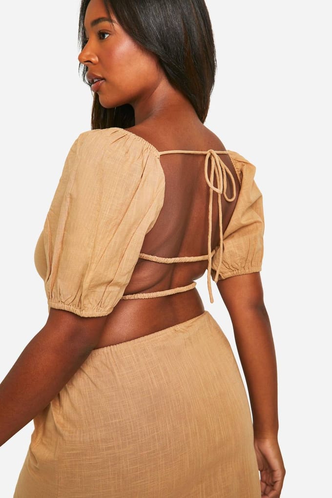 boohoo Dames Plus Tie Back Detail Melkmeidentop | Steen | Maat: 56
