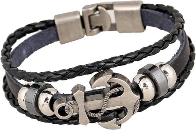 Fako Bijoux® - Leren Armband - Leder Exclusive - Anker - 20cm - Zwart