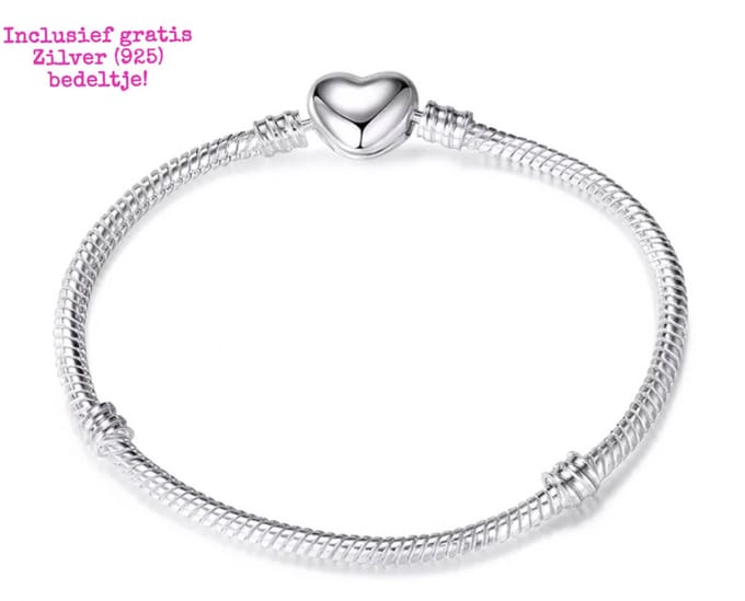 Estacks | Verzilverde Bedelarmband | GRATIS 925 BEDEL | 18 cm | Hart | Moederdag / Valentijn Cadeau Tip |